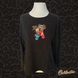 White Stag black long sleeve shirt with Christmas stocking